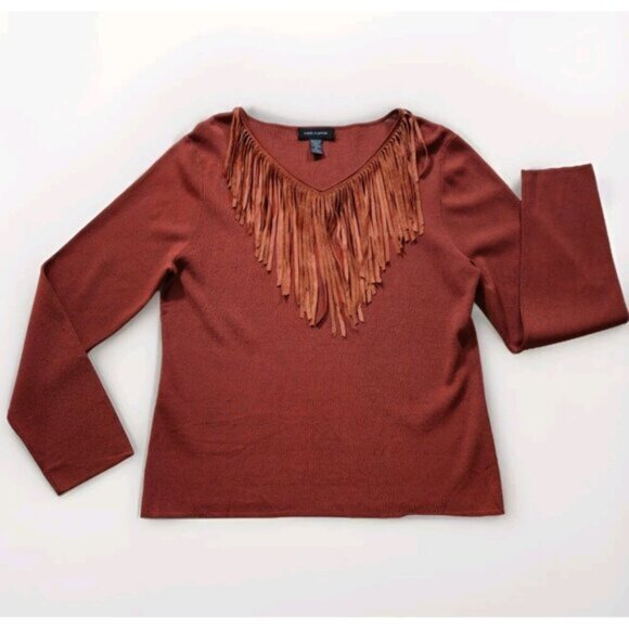 Cable & Gauge Knit Western Top Women XL Burnt Orange LS Suede Fringe V Neck Boho - Picture 9 of 14